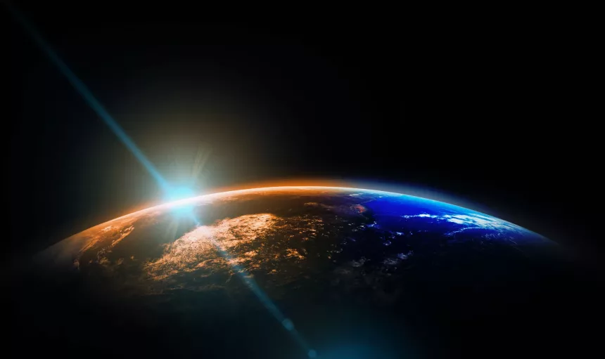 Part of earth with sun rise and lens flare background, Internet Network concept, Elements of this image furnished by NASA
