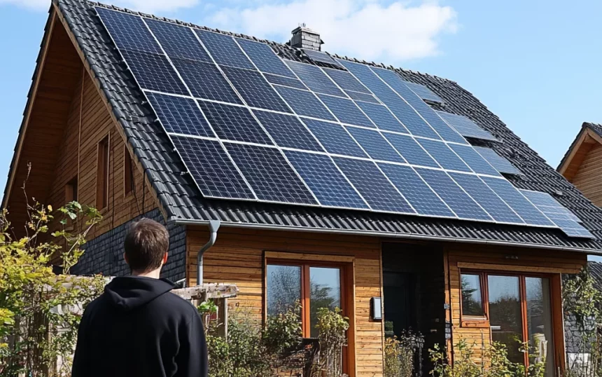 man looking at panels