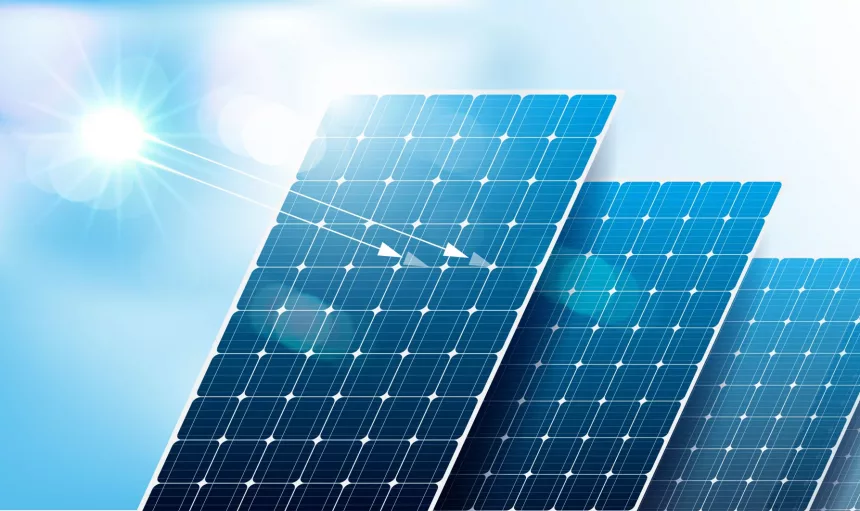 Solar panels under bright sunlight, renewable energy source, eco-friendly technology for sustainable power generation, clean energy concept with blue sky and sunlight reflection. vector design.